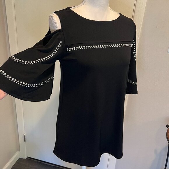 JM Collection Tops - NWT JM Collection Black Cold Shoulder Silver Beaded Top, Size XS